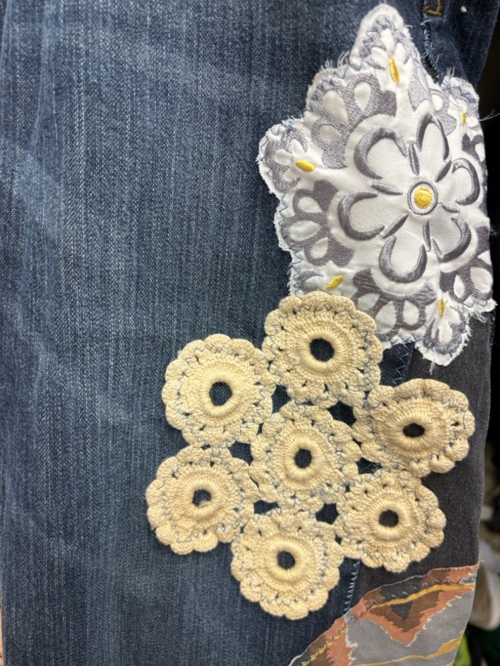 Scrappy Pants Handcrafted Boho Embroidered Butterfly Patchwork Blue Jeans 34x30 - Picture 4 of 5